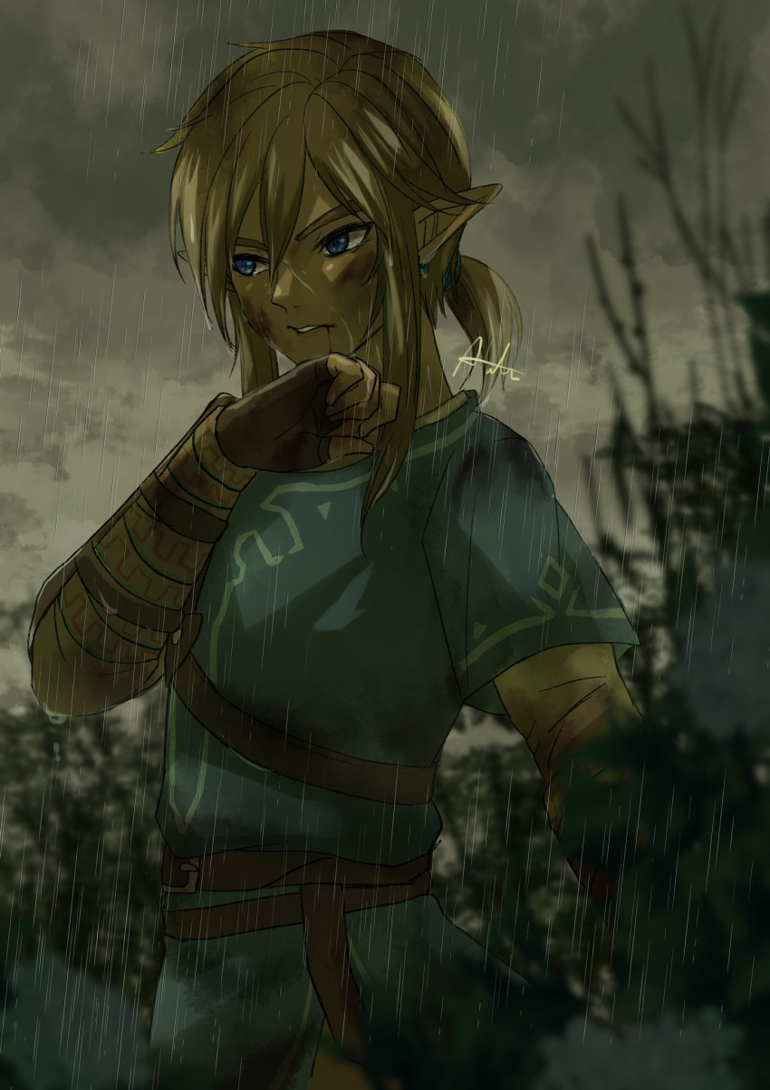 1boy bleeding blonde_hair blood blood_from_mouth blood_on_face blue_eyes blurry blurry_background bruise clouds cloudy_sky commentary_request cowboy_shot fingerless_gloves gloves highres injury link male_focus no_headwear outdoors pointy_ears rain sakuya_996 sky solo standing the_legend_of_zelda the_legend_of_zelda:_breath_of_the_wild wet