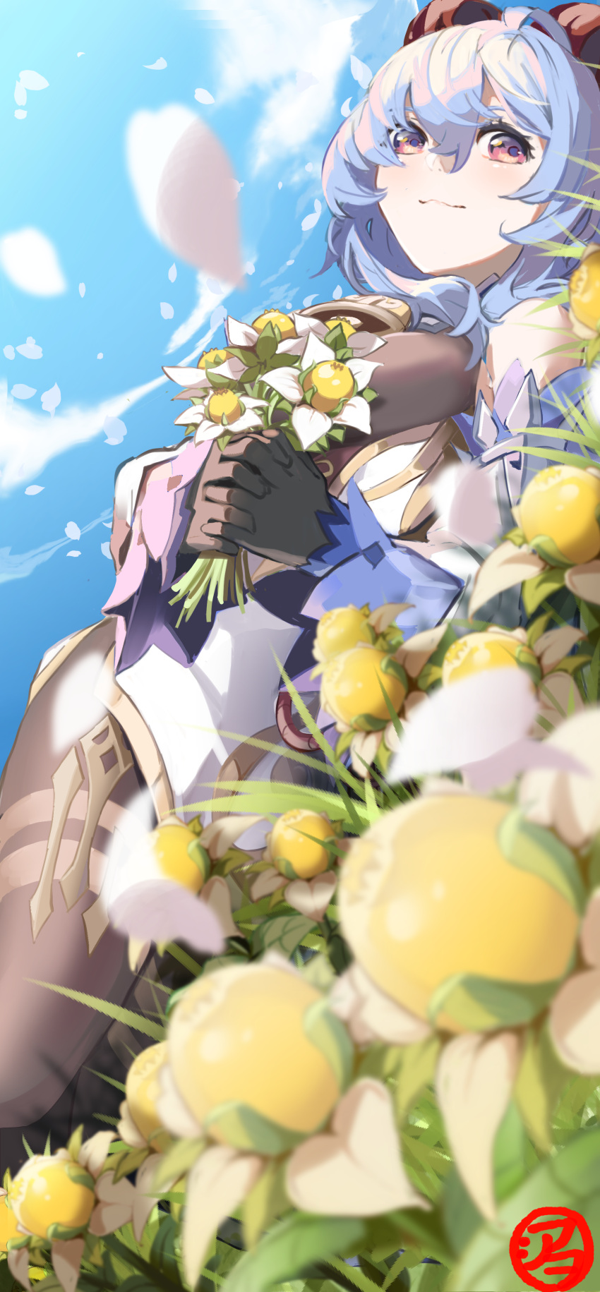 1girl :3 absurdres bangs bell black_gloves blue_hair blue_sky blush breasts brown_pantyhose clouds detached_sleeves flower ganyu_(genshin_impact) genshin_impact gloves gold_trim highres holding holding_flower horns long_hair looking_at_viewer lying moiimo_q neck_bell on_back pantyhose sidelocks signature sky smile solo sweet_flower thighlet thighs violet_eyes white_flower white_sleeves