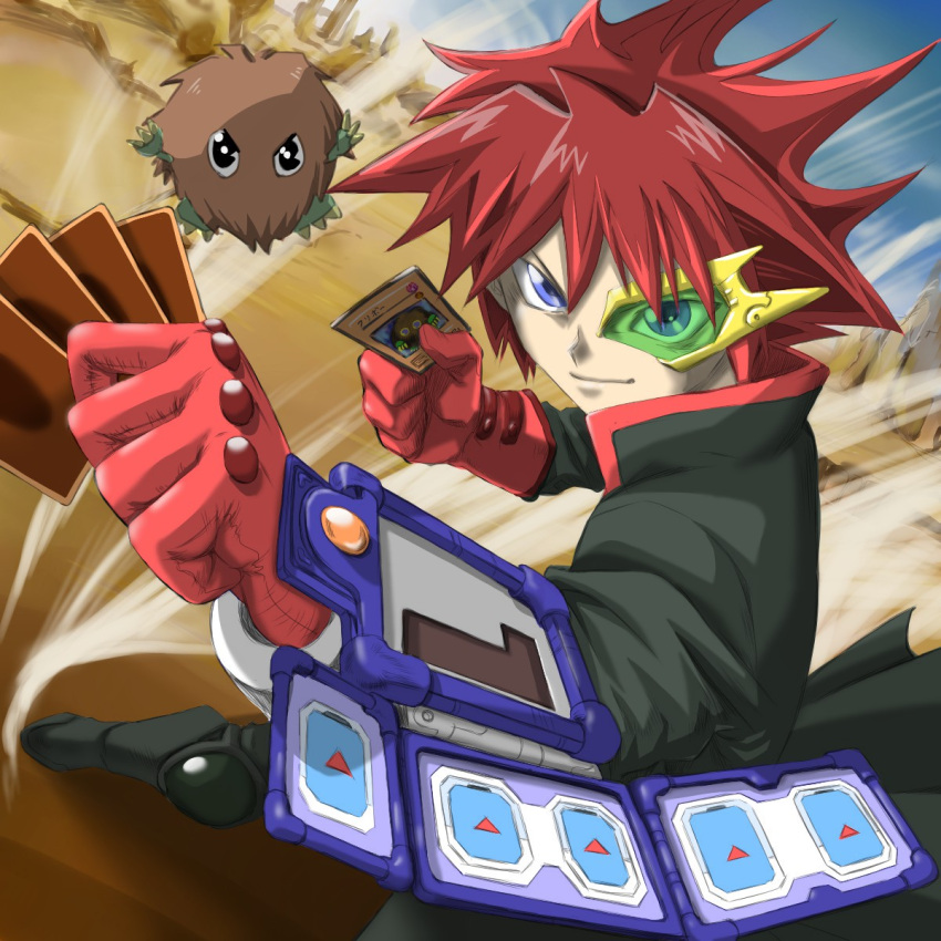 1boy arms_up black_eyes blue_eyes card closed_mouth creature duel_disk duel_monster dust dust_cloud floating gloves green-tinted_eyewear highres holding holding_card kuriboh looking_at_viewer makicha_(sasurainopink) male_focus original red_gloves redhead smile spiky_hair standing tinted_eyewear yu-gi-oh!