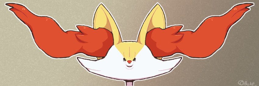1other animal_ear_fluff animal_ears animal_nose black_eyes body_fur boke-chan braixen brown_background commentary english_commentary fox_ears furry gradient gradient_background happy looking_at_viewer open_mouth other_focus outline pokemon pokemon_(creature) portrait signature simple_background smile snout solo straight-on twitter_username two-tone_fur white_fur white_outline yellow_fur