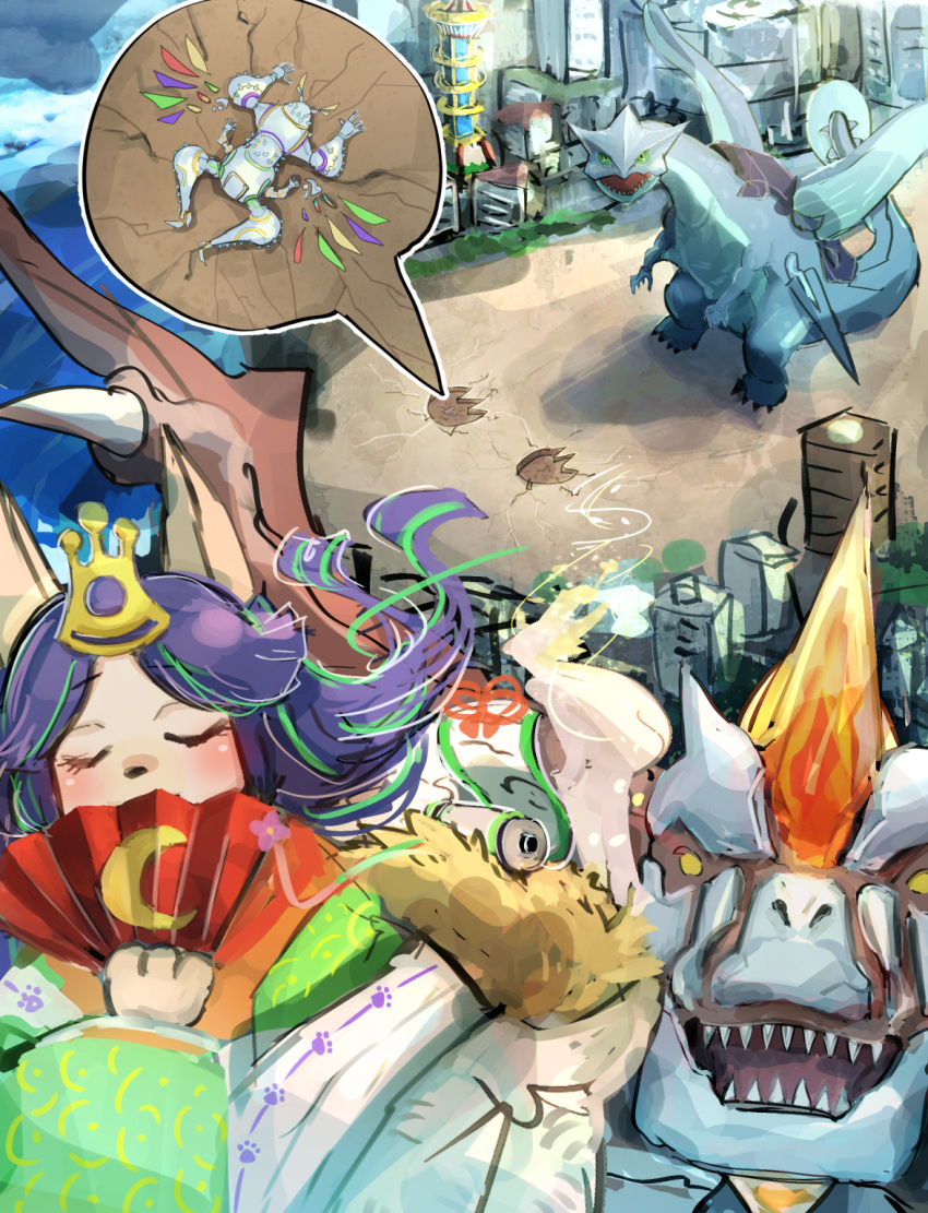 1boy 1girl 2others building character_request closed_eyes dragon duel_monster fairy_tail_luna footprints fox_girl furry gameciel_the_sea_turtle_kaiju gameplay_mechanics hand_fan hatano_kiyoshi herald_of_ultimateness highres japanese_clothes kaijuu kimono kyoutou_waterfront looking_at_viewer magnification multiple_others paw_print run_over scroll turtle yu-gi-oh!