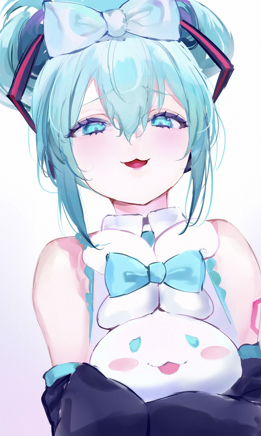 1girl :3 absurdres bare_shoulders blue_bow blue_bowtie blue_eyes blue_hair bow bowtie copyright_request detached_sleeves hair_between_eyes hair_bow hair_bun hatsune_miku highres long_sleeves looking_at_viewer mile_(off8mile) simple_background single_hair_bun smile solo vocaloid white_background white_bow
