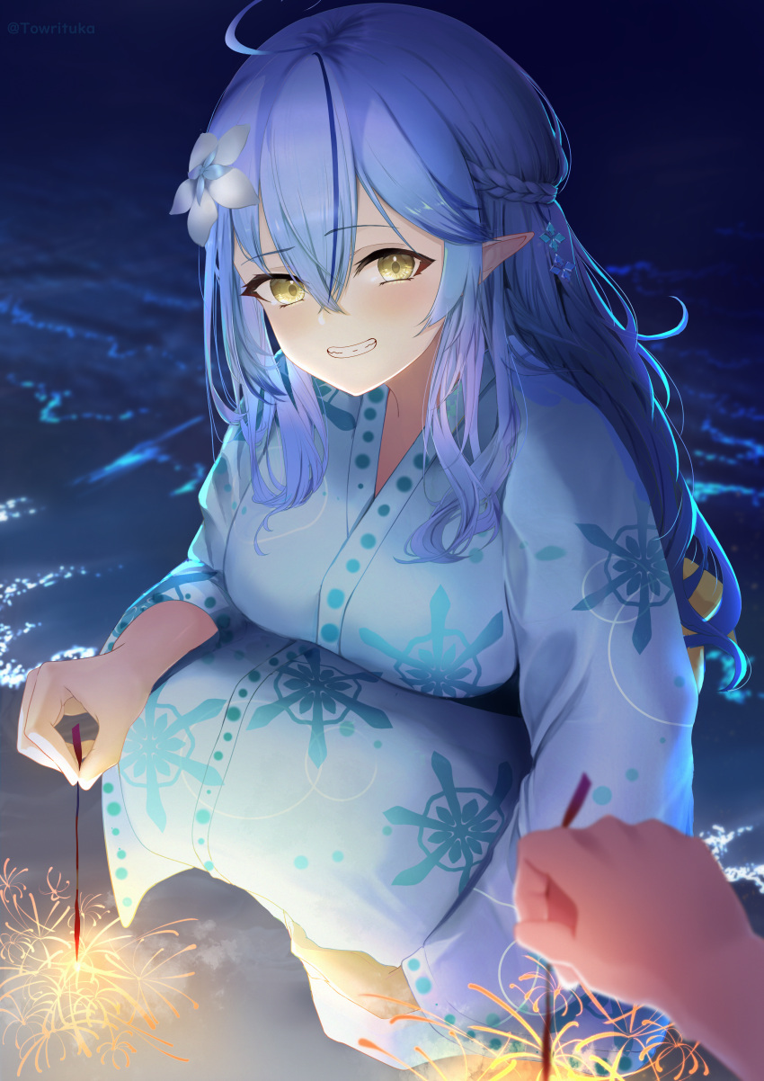 1girl 1other absurdres ahoge artist_name bangs blue_hair blue_kimono blush breasts commentary_request fireworks flower hair_flower hair_ornament highres holding holding_fireworks hololive japanese_clothes kimono large_breasts long_hair looking_at_viewer multicolored_hair night outdoors pointy_ears pov pov_hands solo_focus squatting streaked_hair teeth towrituka twitter_username very_long_hair virtual_youtuber water watermark yellow_eyes yukata yukihana_lamy