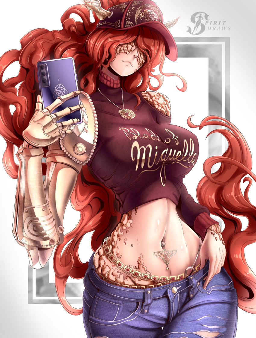 1girl absurdres artist_request breasts casual cellphone closed_mouth covered_eyes denim elden_ring hat highres jeans long_hair malenia_blade_of_miquella mechanical_arms navel pants phone prosthesis prosthetic_arm redhead shirt simple_background single_mechanical_arm smile solo very_long_hair