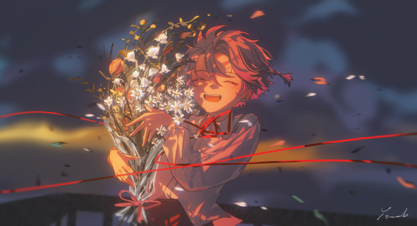1boy absurdres blush bouquet closed_eyes clouds cloudy_sky flower highres holding holding_bouquet long_sleeves male_focus original purple_hair ribbon short_hair sky solo string string_of_fate wind yonab yonab_(yonab)