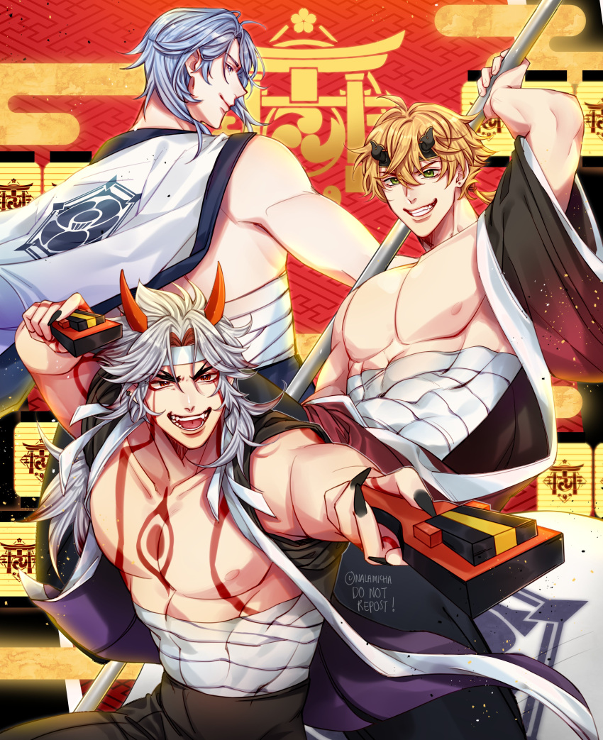 3boys abs absurdres arataki_itto arm_tattoo artist_name bandages black_nails blonde_hair blue_eyes blue_hair chest_tattoo claws coat coat_lift fang gate genshin_impact green_eyes highres horns japanese_clothes kamisato_ayato kimono lamp long_hair looking_at_viewer looking_back looking_to_the_side male_focus mature_male multiple_boys muscular muscular_male nalamicha nipples oni_horns open_mouth pectorals red_eyes short_hair signature spiky_hair staff tattoo teeth thoma_(genshin_impact) tongue twitter_username upper_body weapon white_hair yukata