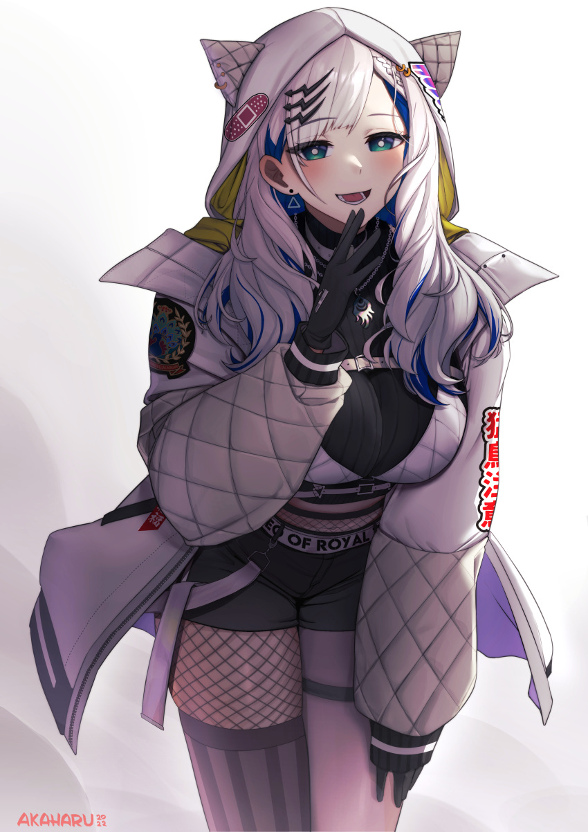 1girl absurdres akaharuu animal_hood aqua_eyes asymmetrical_legwear bangs belt black_gloves blue_hair blush braid breasts choker cowboy_shot crop_top earrings eyes_visible_through_hair fishnets gloves grey_hair hand_up highres hololive hololive_indonesia hood hooded_jacket jacket jewelry large_breasts leaning_forward multicolored_hair open_clothes open_jacket open_mouth parted_bangs pavolia_reine smile solo streaked_hair striped striped_thighhighs thigh-highs vertical-striped_thighhighs vertical_stripes virtual_youtuber
