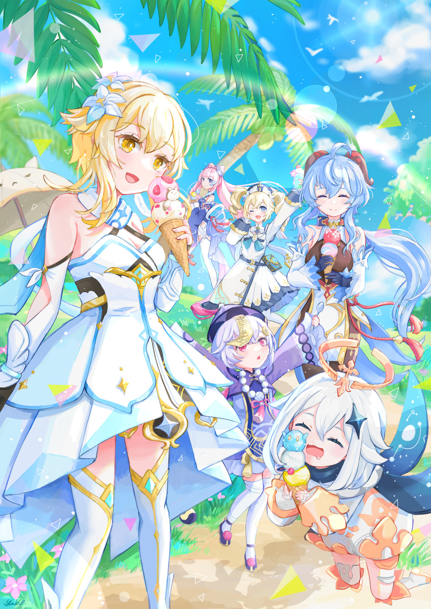 6+girls absurdres ahoge arm_up bangs barbara_(genshin_impact) bare_shoulders blonde_hair blue_eyes blue_hair blue_sky closed_eyes detached_sleeves dress drill_hair drooling food ganyu_(genshin_impact) genshin_impact gold_trim halo highres horns ice_cream long_hair looking_at_another looking_to_the_side lumine_(genshin_impact) multicolored_hair multiple_girls open_mouth paimon_(genshin_impact) pink_hair qiqi_(genshin_impact) sangonomiya_kokomi sidelocks sky smile standing talisman tassel twintails two-tone_hair very_long_hair violet_eyes white_dress white_hair yellow_eyes yutukicom