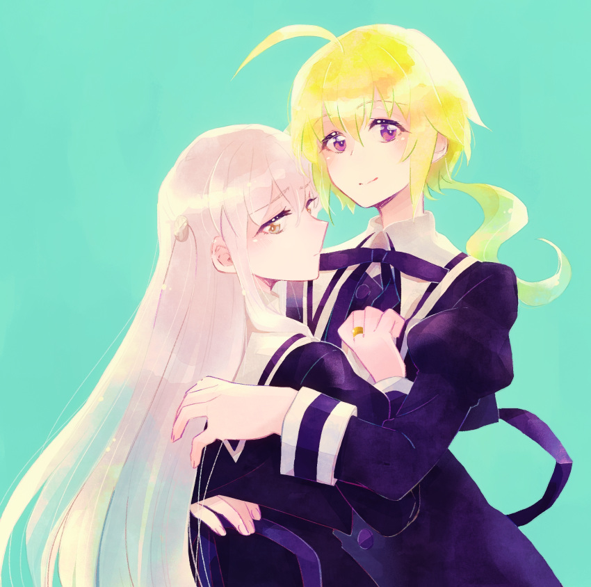 2girls absurdres ahoge amano_soraha aqua_background assault_lily bangs black_ribbon black_skirt blonde_hair bright_pupils brown_eyes buttons closed_mouth cropped_jacket egawa_kusumi flower gradient gradient_background grey_hair hair_between_eyes hair_flower hair_ornament hand_on_another's_chest hand_up hands_up high-waist_skirt highres hug jewelry juliet_sleeves long_hair long_sleeves looking_at_viewer looking_to_the_side low_ponytail multiple_girls neck_ribbon pink_eyes ponytail puffy_sleeves ribbon ring school_uniform sidelocks skirt smile sorato_(astllatte) standing upper_body very_long_hair white_pupils yuri yurigaoka_girls_academy_school_uniform