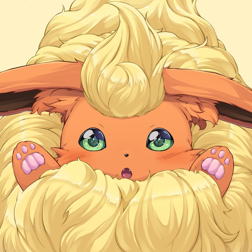 animal_hands blush commentary_request fangs flareon green_eyes highres kitsunerider looking_at_viewer no_humans open_mouth pokemon pokemon_(creature) simple_background yellow_background