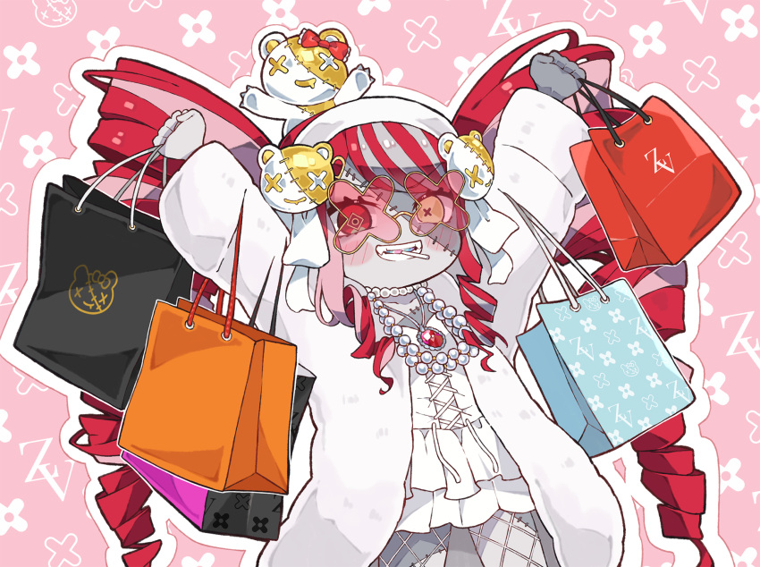 1girl arms_up bag bangs candy character_hair_ornament colored_skin cowboy_shot dress drill_hair fishnet_pantyhose fishnets food food_in_mouth grey_skin grin hair_ornament hairband highres holding holding_bag hololive hololive_indonesia jacket jewelry kukie-nyan kureiji_ollie lollipop long_hair mouth_focus necklace official_art open_clothes open_jacket pantyhose patchwork_skin pearl_necklace red_eyes redhead shopping_bag smile solo standing stitched_face stitched_leg stitched_torso stitches sunglasses twin_drills twintails udin_(kureiji_ollie) very_long_hair virtual_youtuber white_dress white_hairband white_jacket x-shaped_eyewear yellow_eyes