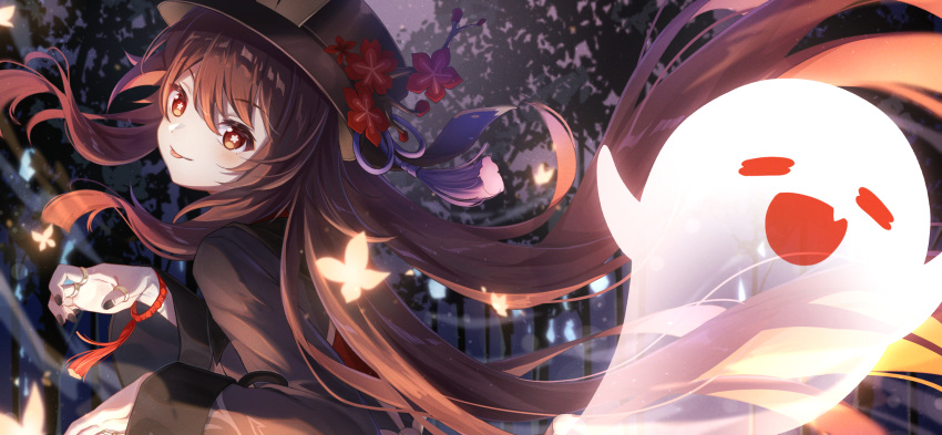 1girl :d :p =_= bangs bead_bracelet beads black_nails boo_tao_(genshin_impact) bracelet brown_coat brown_eyes brown_hair bug butterfly closed_mouth coat commentary flower flower-shaped_pupils genshin_impact ghost_pose hat hat_flower highres hu_tao_(genshin_impact) jewelry koki_(latte1023) long_hair long_sleeves looking_at_viewer multiple_rings night plum_blossoms porkpie_hat ring smile symbol-shaped_pupils tassel tongue tongue_out tree upper_body