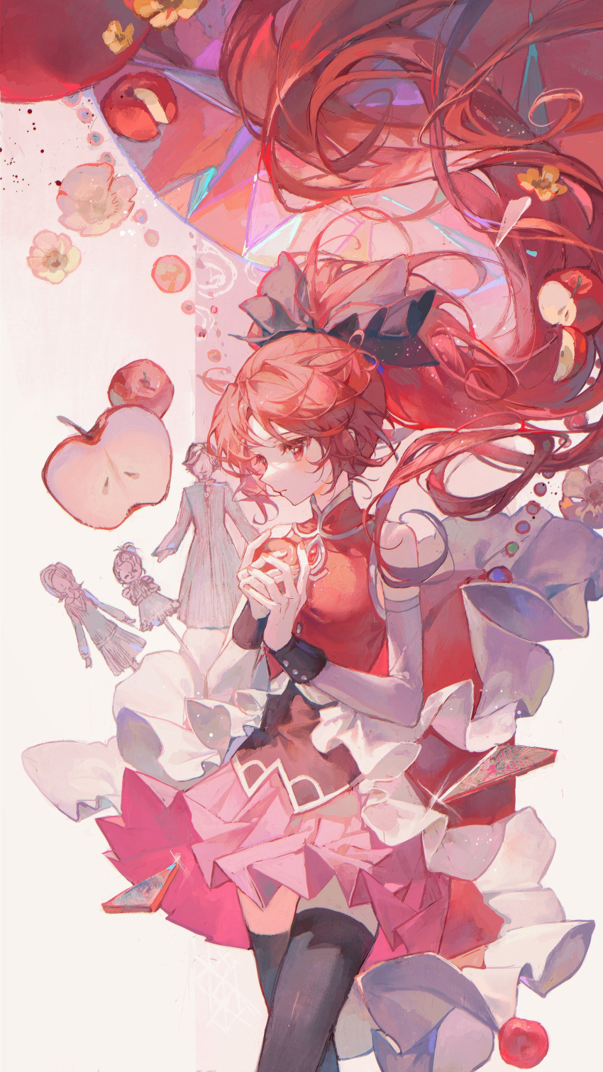 1girl 3others absurdly_long_hair absurdres apple armlet bare_shoulders black_bow black_thighhighs bow collared_dress detached_sleeves dress flower food fruit hair_bow high_ponytail highres light_frown long_hair looking_down maccha_(mochancc) mahou_shoujo_madoka_magica multiple_others own_hands_together pink_skirt red_dress red_eyes red_nails redhead sakura_kyouko simple_background skirt standing thigh-highs very_long_hair white_background white_flower yellow_flower