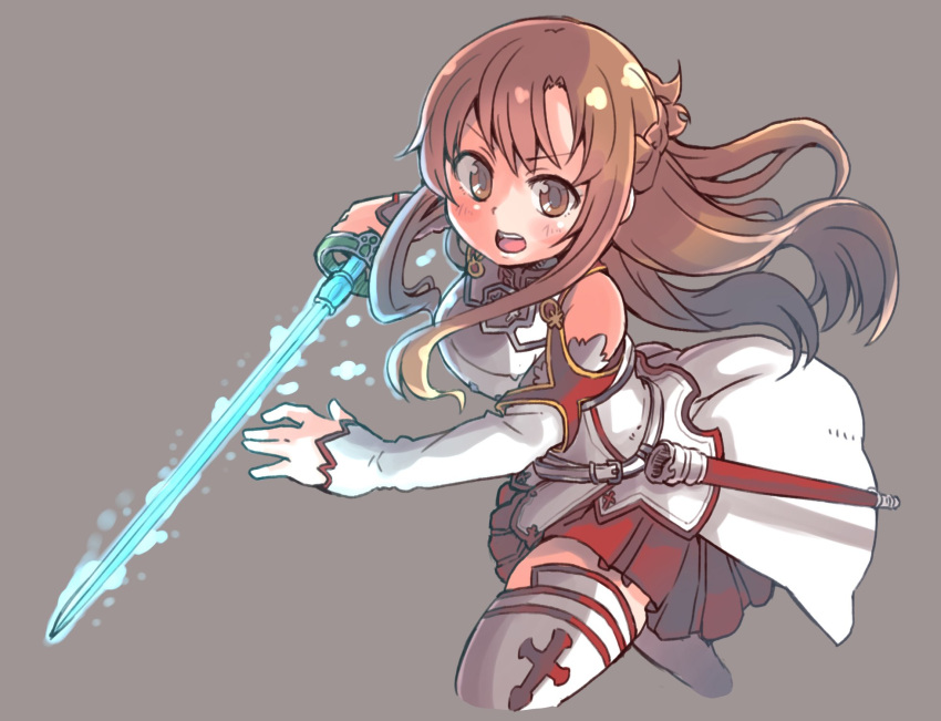1girl armor asuna_(sao) bangs blush braid breastplate breasts brown_eyes brown_hair cropped_legs detached_sleeves dress es_(eisis) french_braid glowing glowing_weapon grey_background highres holding holding_weapon long_hair open_mouth sheath sidelocks simple_background solo sword_art_online teeth thigh-highs upper_teeth weapon white_dress white_thighhighs