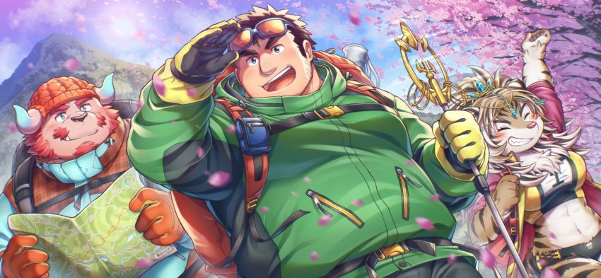 1girl 2boys animal_ears animal_nose arm_up blue-framed_eyewear blush brown_hair chernobog_(housamo) cherry_blossoms chest_tuft closed_eyes closed_mouth curled_horns demon_horns durga_(housamo) eyewear_on_head facial_hair facial_mark forehead_mark gloves goatee green_eyes green_jacket grin hand_up highres hinami_(ryuusei_potechi) holding holding_map holding_staff hood hooded_jacket horns jacket long_sideburns map mature_male mountain multiple_boys muscular muscular_male navel official_art open_mouth petals pink_fur purple_jacket shakujou sharp_teeth shirt short_hair sideburns smile snout staff stomach teeth thick_eyebrows tiger_ears tiger_girl tokyo_afterschool_summoners tusks two-tone_gloves upper_body yellow_gloves zao_(housamo)