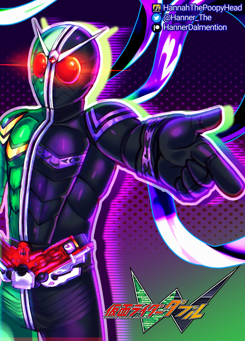 blurry blurry_background building city full_moon fuuto_tantei hannerthe highres kamen_rider kamen_rider_double kamen_rider_w pointing rider_belt scarf wind wind_turbine