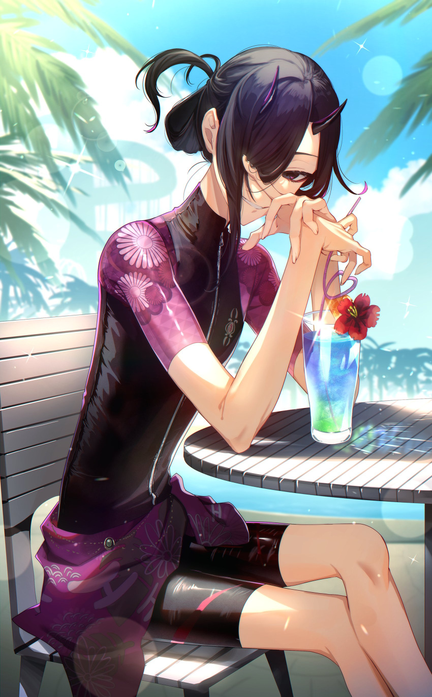 1other absurdres asymmetrical_hair bangs black_eyes black_hair black_horns bodysuit buku2_suisou caustics commentary_request crazy_straw drink drinking_straw feet_out_of_frame floral_print flower gorozaemon_(housamo) heart_straw hibiscus highres holding_straw horns open_mouth other_focus palm_tree poolside red_eyeliner sitting skinny smile solo swept_bangs tokyo_afterschool_summoners tree wetsuit zipper
