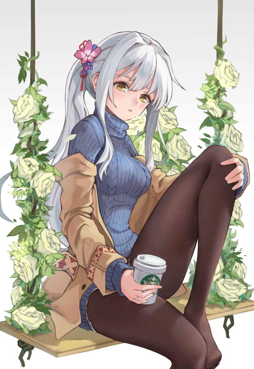 1girl black_pantyhose blush coffee_cup cup disposable_cup flower grey_hair hair_flower hair_ornament highres long_hair looking_at_viewer mahjong_soul miso_(b7669726) no_shoes pantyhose parted_lips rose side_ponytail sitting soles solo starbucks sweater swing turtleneck turtleneck_sweater white_background white_flower white_rose yagi_yui yellow_eyes