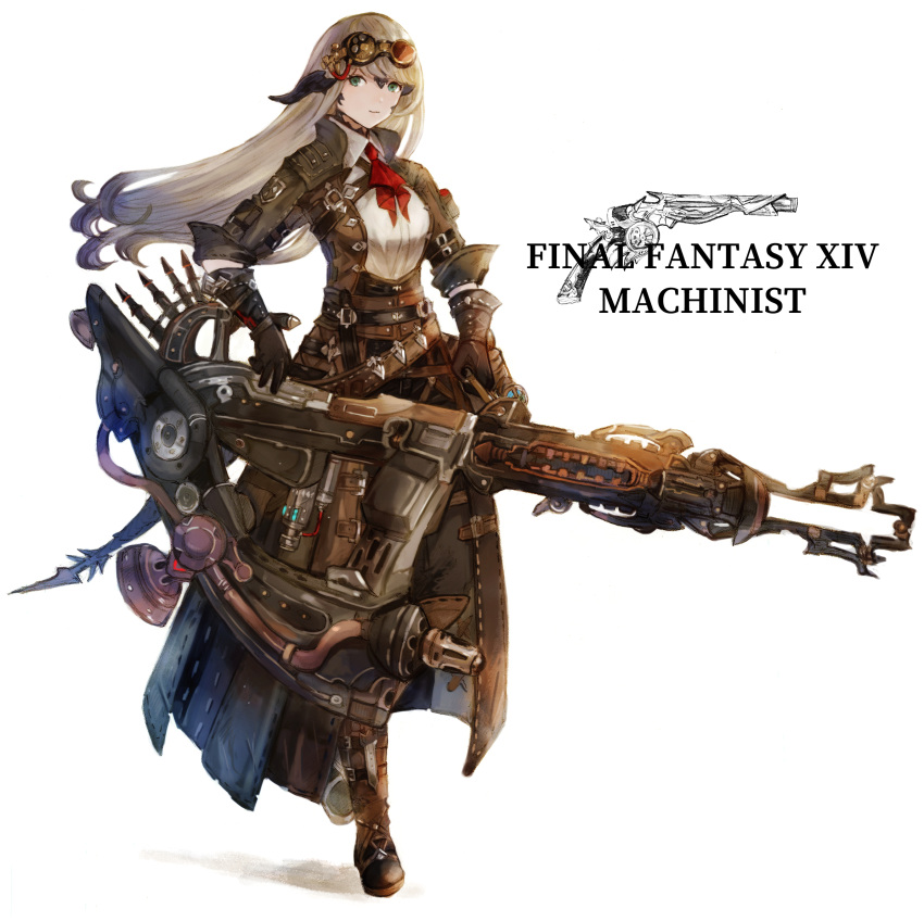 1girl au_ra avatar_(ff14) bangs boots copyright_name dragon_horns dragon_tail final_fantasy final_fantasy_xiv gloves goggles goggles_on_head green_eyes grey_hair gun highres holding holding_gun holding_weapon horns long_hair looking_at_viewer machinist_(final_fantasy) peppermint_jet scales solo tail weapon white_background