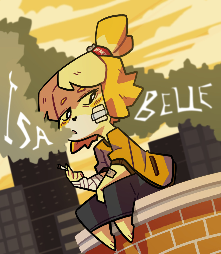 1girl absurdres animal_crossing animal_ears animal_feet animal_nose bandaged_arm bandages bandaid bandaid_on_arm bangs barefoot bell black_eyes black_skirt blonde_hair blurry blurry_background blush blush_stickers body_fur bright_pupils character_name cigarette city clouds commentary dog_ears dog_girl english_commentary english_text feet flat_chest furry furry_female gauze hair_bell hair_ornament hair_tie half-closed_eyes hand_up highres holding holding_cigarette isabelle_(animal_crossing) jingle_bell looking_to_the_side open_mouth orange_shirt outdoors pocket shirt short_hair skirt smoke smoking solo sunset supreme_(brand) topknot two-tone_fur white_fur white_pupils yakpuu yellow_fur yellow_sky