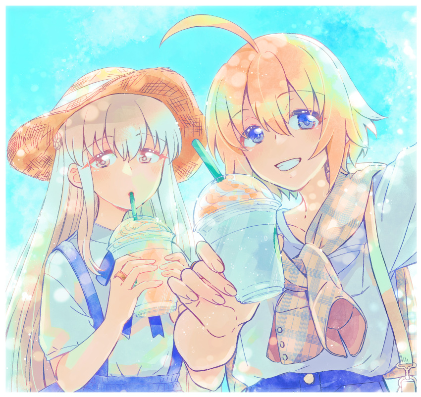 2girls absurdres ahoge amano_soraha assault_lily bag bangs black_ribbon blonde_hair blue_eyes blue_skirt blue_sky border brown_eyes brown_headwear brown_shirt cup day disposable_cup drinking drinking_straw drinking_straw_in_mouth egawa_kusumi fingernails flower grey_hair grin hair_between_eyes hair_flower hair_ornament hands_up hat high-waist_skirt highres holding holding_cup jewelry light_blush light_particles long_hair long_sleeves looking_at_viewer low_ponytail multiple_girls neck_ribbon outdoors outstretched_arm plaid plaid_shirt ponytail ribbon ring selfie shirt shirt_on_shoulders short_sleeves shoulder_bag sidelocks skirt sky smile sorato_(astllatte) standing straw_hat sun_hat suspender_skirt suspenders upper_body very_long_hair white_border white_shirt