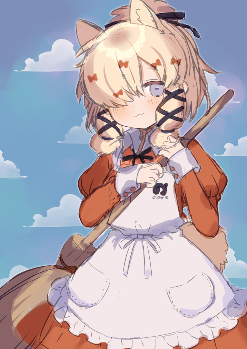 1girl :3 absurdres alpaca_ears alpaca_girl alpaca_suri_(kemono_friends) alpaca_tail alternate_costume animal_ears bangs blonde_hair blue_eyes blush bow broom closed_mouth dress extra_ears hair_bow hair_bun hair_over_one_eye hair_ribbon hands_up head_tilt highres holding holding_broom horizontal_pupils japari_symbol kemono_friends long_sleeves looking_at_viewer medium_hair noamem orange_dress puffy_long_sleeves puffy_sleeves ribbon sidelocks single_hair_bun sketch smile solo tail