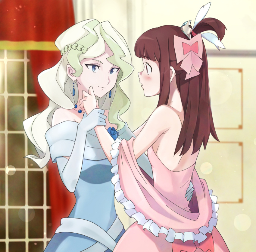 2girls 90millimetri backless_outfit blonde_hair blue_dress blue_eyes blush breasts brown_hair closed_mouth diana_cavendish dress earrings elbow_gloves gloves highres holding_another's_wrist indoors jewelry kagari_atsuko little_witch_academia long_hair looking_at_another multiple_girls necklace open_mouth pink_dress red_eyes shiny shiny_hair sideboob small_breasts smile white_gloves yuri