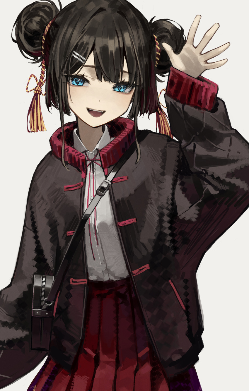 1girl :d absurdres bag bangs black_bag black_hair black_jacket black_sweater blue_eyes blunt_bangs buttons collared_shirt cowboy_shot double_bun eyelashes hair_bun hair_ornament hairclip hand_up highres jacket long_sleeves looking_at_viewer neck_ribbon open_clothes open_jacket open_mouth original pleated_skirt pocket puffy_long_sleeves puffy_sleeves red_ribbon red_skirt ribbon rope shirt shirt_tucked_in shoulder_bag sidelocks skirt smile solo standing sweater sweater_jacket tassel teeth upper_teeth waving white_background white_shirt yoon_cook