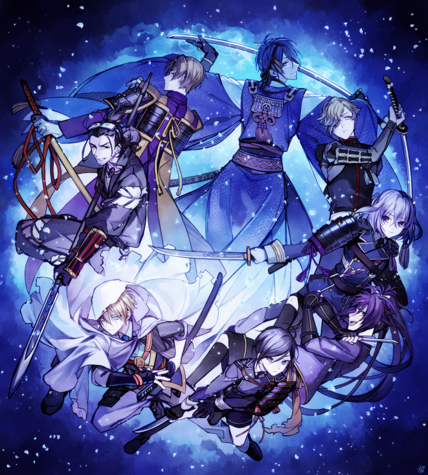 6+boys ahoge aqua_eyes armor belt black_eyes black_footwear black_gloves black_hair blue_eyes blue_footwear blue_hair blue_theme bow brown_eyes brown_hair character_request cloak closed_mouth dagger eyes_visible_through_hair facial_hair film_grain gloves hair_between_eyes hair_bow hair_slicked_back heshikiri_hasebe highres holding holding_dagger holding_polearm holding_sheath holding_sword holding_weapon honebami_toushirou hood hood_up hooded_cloak japanese_armor katana knife light_particles long_hair looking_at_viewer matsunaka_hiro mikazuki_munechika multiple_boys open_mouth parted_lips pauldrons polearm ponytail purple_hair scabbard sheath shoulder_armor single_pauldron smile sode spear stubble sword tassel teeth torn torn_cloak torn_clothes touken_ranbu uguisumaru unsheathed vambraces violet_eyes weapon white_bow white_cloak white_gloves yagen_toushirou yamanbagiri_kunihiro