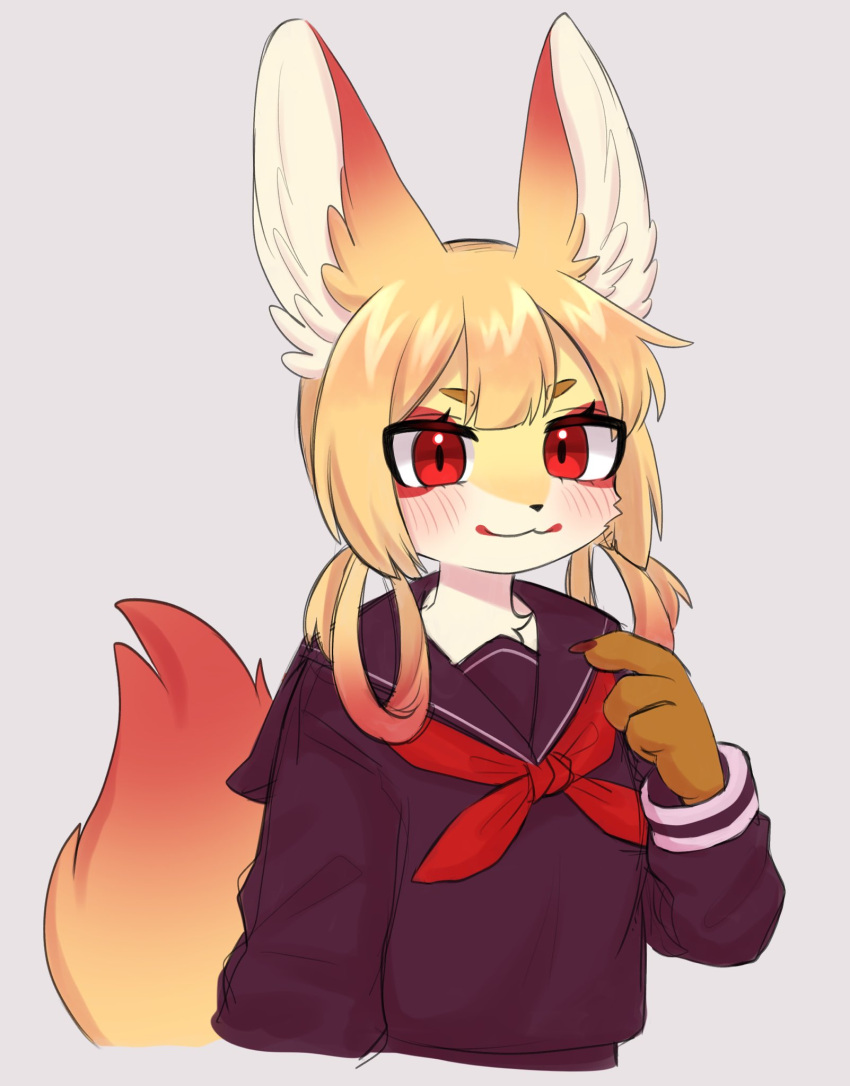 1girl animal_ear_fluff animal_ears animal_nose bangs black_sailor_collar black_shirt blonde_hair blunt_bangs blush brown_fur claws closed_mouth commentary eyeliner fox_ears fox_girl fox_tail furry furry_female gradient_hair grey_background hair_rings hand_up happy highres kayama_akimaru long_hair long_sleeves looking_at_viewer makeup multicolored_fur multicolored_hair neckerchief original red_eyeliner red_eyes red_neckerchief redhead romaji_commentary sailor_collar school_uniform serafuku shiny shiny_hair shirt sidelocks simple_background smile solo tail two-tone_hair upper_body white_fur yellow_fur