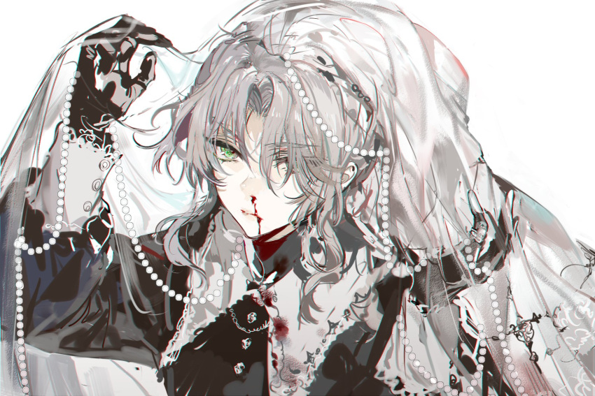1boy androgynous arm_up black_gloves blood blood_from_mouth blood_on_clothes blood_on_face eyes_visible_through_hair gem gloves green_eyes grey_background grey_hair highres male_focus nevakuma_(fanfanas) nosebleed original pearl_(gemstone) simple_background solo upper_body veil