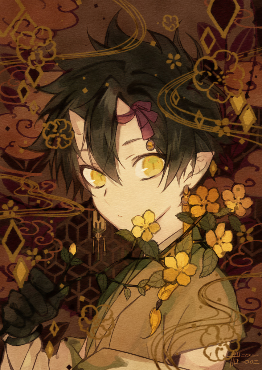 1boy bell black_gloves black_hair branch brown_theme closed_mouth earrings flower gloves hair_between_eyes highres holding holding_branch holding_flower horn_ornament horn_ribbon horns jewelry male_focus matsunaka_hiro oni original pointy_ears purple_ribbon ribbon signature skin-covered_horns solo upper_body yellow_eyes yellow_flower