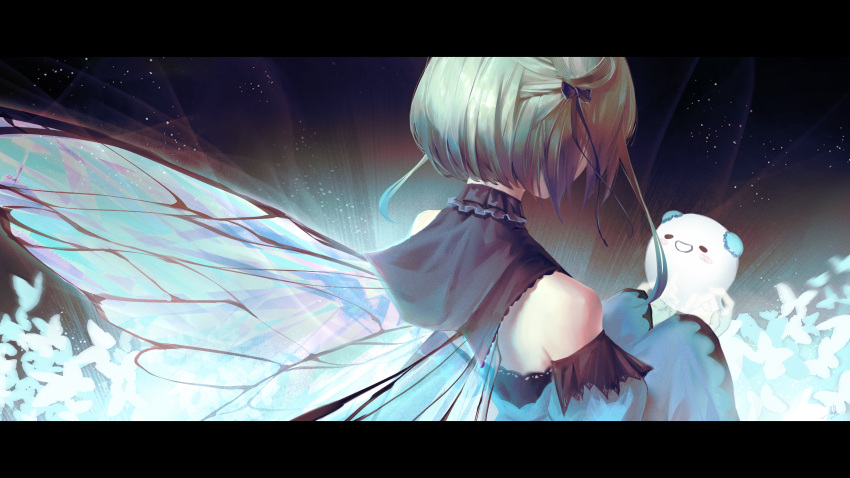1girl absurdres bare_shoulders blue_butterfly blue_dress bug butterfly butterfly_wings creature dress fandead_(uruha_rushia) from_above from_behind green_hair hair_bun hair_ribbon highres holding holding_creature hololive hyde_(tabakko) letterboxed long_sleeves ribbon short_hair solo upper_body uruha_rushia virtual_youtuber white_butterfly wide_sleeves wings