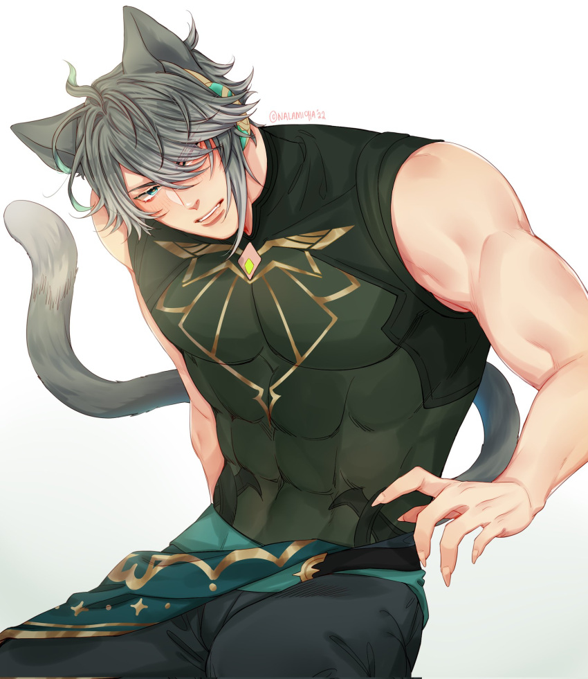 1boy abs al-haitham_(genshin_impact) animal_ears artist_name biceps blue_eyes blush cat_ears cat_tail claws compression_shirt feet_out_of_frame genshin_impact grey_hair highres looking_to_the_side male_focus mature_male muscular muscular_male nalamicha pants pectorals shirt simple_background sleeveless solo spiky_hair tail tight twitter_username white_background