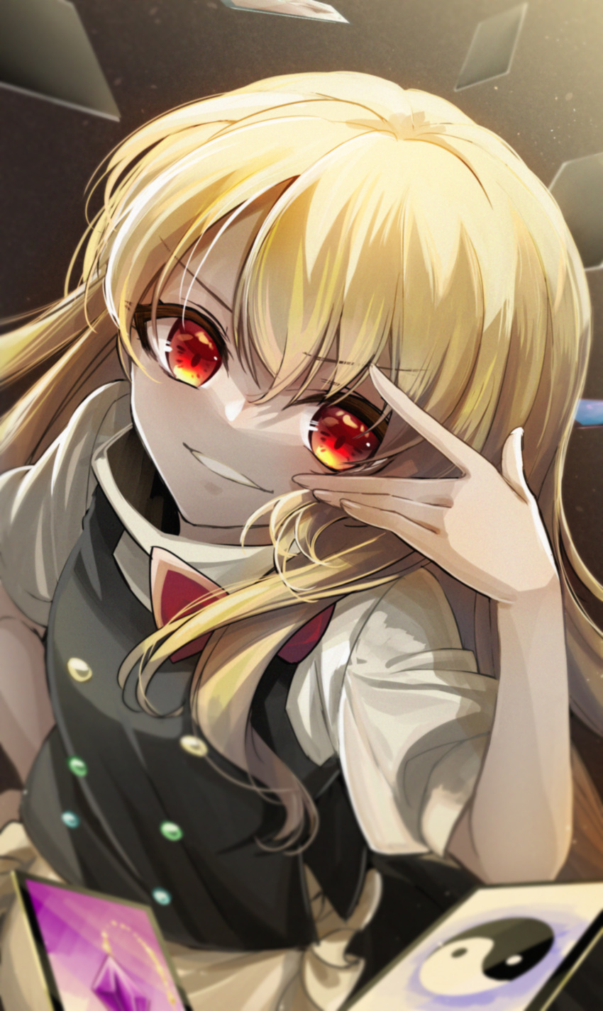 100th_black_market 1girl absurdres apron arm_up black_vest blonde_hair bow card commentary_request grin highres kinese_(katasutorohu) kirisame_marisa light long_hair no_headwear red_bow red_eyes shirt short_sleeves smile solo touhou upper_body vest white_apron white_shirt yin_yang