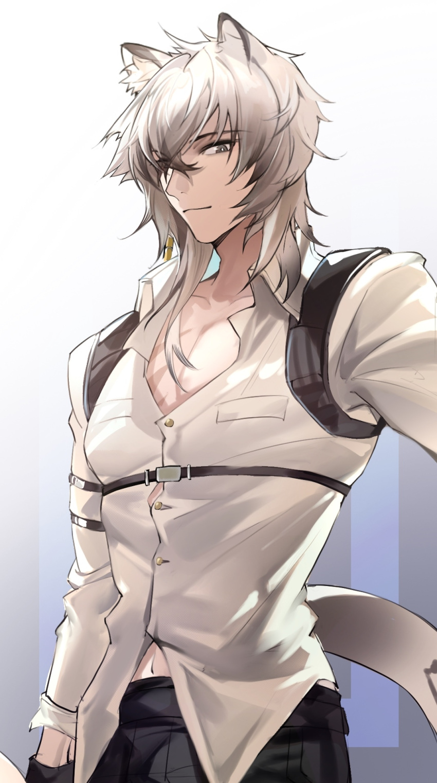 1boy animal_ears arknights bangs black_pants grey_eyes hair_between_eyes highres leopard_ears leopard_tail looking_at_viewer male_focus medium_hair pants shirt silverash_(arknights) solo tabayashi tail upper_body white_hair white_shirt