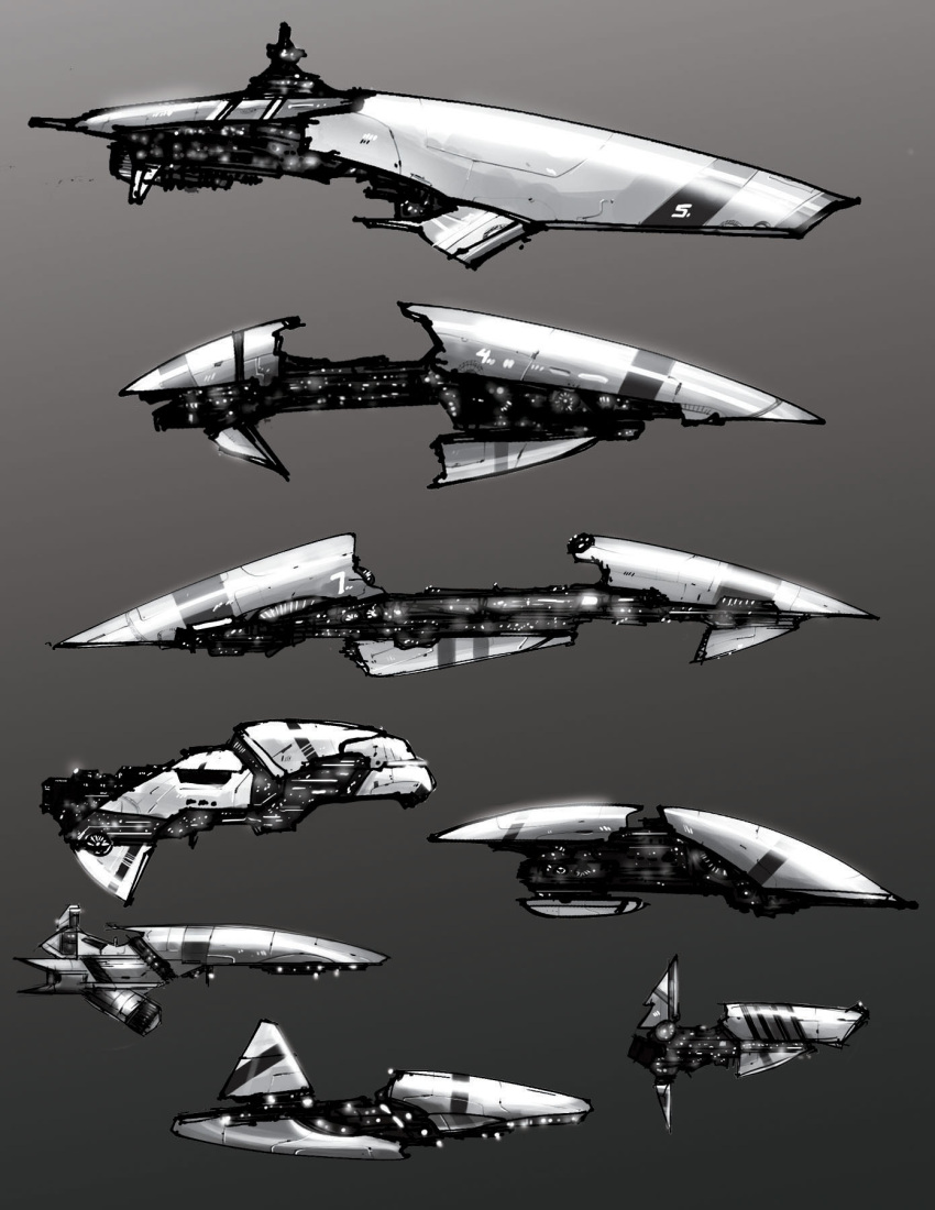 baranha battleship commentary concept_art eve_online from_side glowing gradient gradient_background grey_background greyscale highres machinery military military_vehicle monochrome no_humans original science_fiction ship spacecraft vehicle_focus warship watercraft