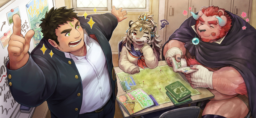 +_+ 1girl 2boys animal_ears animal_nose arm_hair bandaged_hand bandages black_nails book chernobog_(housamo) chest_hair closed_eyes closed_mouth collared_shirt curled_horns demon_horns durga_(housamo) facial_hair facial_mark fangs fangs_out feet_out_of_frame flower forehead_mark forked_eyebrows furry furry_female furry_male fuyodo gakuran goatee green_eyes head_chain highres holding holding_book horns indoors large_pectorals long_hair long_sideburns map multiple_boys muscular muscular_male official_art open_mouth pectorals pink_fur red_eyes school_uniform serafuku shirt short_hair sideburns smile snout sparkle sweater thick_eyebrows tiger_ears tiger_girl tokyo_afterschool_summoners translation_request tusks upper_body white_shirt whiteboard zao_(housamo)