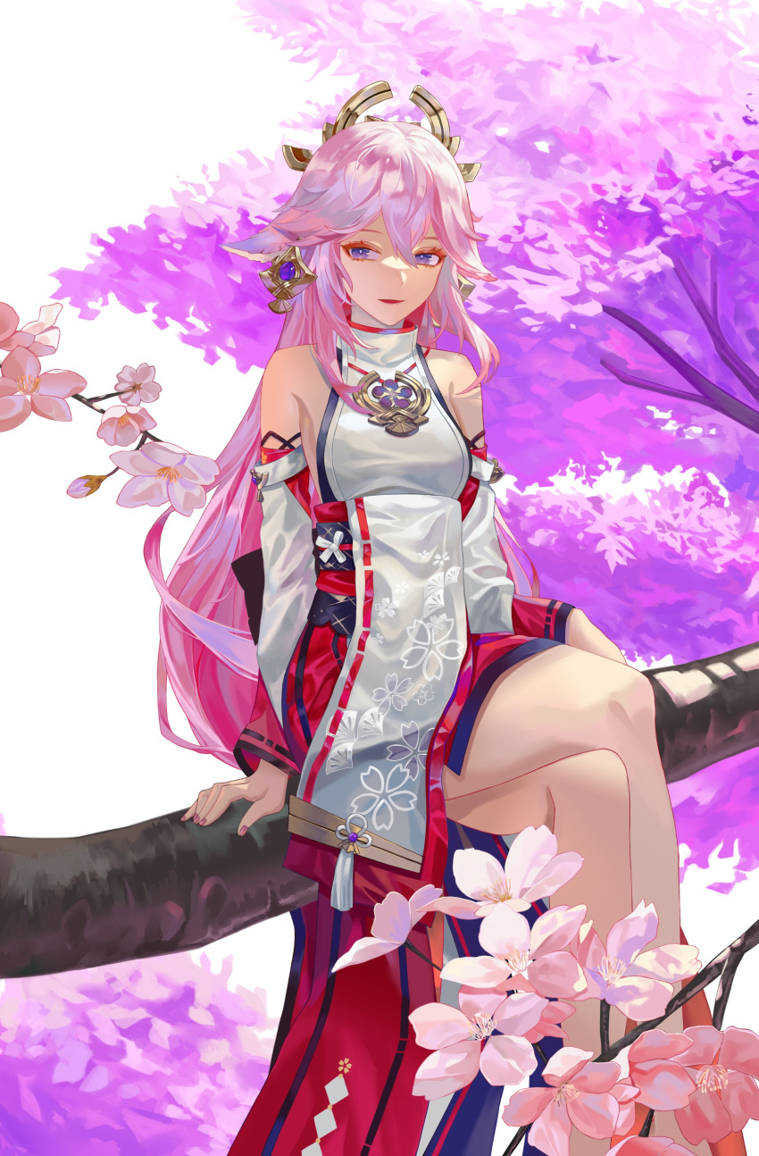 1girl absurdres animal_ears bangs bare_shoulders blush branch breasts commentary crossed_legs detached_sleeves earrings eyeshadow fingernails floppy_ears floral_print fox_ears genshin_impact hair_between_eyes hair_ornament headgear highres in_tree japanese_clothes jewelry large_breasts legs long_hair looking_at_viewer low-tied_long_hair makeup nail_polish open_mouth pink_hair pink_nails print_sleeves red_eyeshadow reki_(user_rcrd4534) ribbon-trimmed_sleeves ribbon_trim shiny shiny_hair sidelocks simple_background sitting sitting_in_tree smile solo symbol-only_commentary tassel thighs tree turtleneck violet_eyes vision_(genshin_impact) white_background wide_sleeves yae_miko