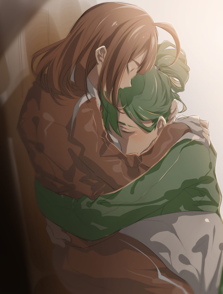 1boy 1girl ahoge brown_coat brown_hair closed_eyes coat commentary dainatsu dress face_to_breasts feet_out_of_frame from_side green_hair green_jacket hair_between_eyes hair_bun hand_on_another's_head hand_on_another's_shoulder highres hod_(project_moon) hug jacket library_of_ruina medium_hair netzach_(project_moon) profile project_moon single_hair_bun sitting sleeping sleeping_upright symbol-only_commentary upper_body white_dress