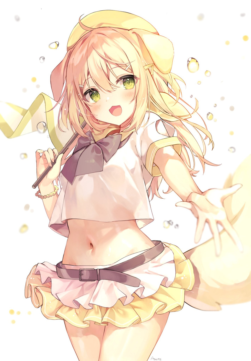 1girl :3 :d ahoge ame929 animal_ears artist_name bangs belt belt_buckle beret black_belt black_bow black_bowtie blonde_hair blush bow bowtie bracelet buckle commentary_request cowboy_shot cropped_shirt dog_ears dog_girl dog_tail eyelashes flag frilled_skirt frills green_eyes hair_between_eyes hair_ornament hair_ribbon hairclip hand_up hat highres holding jewelry layered_skirt long_hair looking_at_viewer midriff miniskirt multicolored_clothes multicolored_skirt navel open_mouth original outstretched_hand ribbon sailor_collar sailor_shirt see-through shirt short_sleeves sidelocks skirt sleeve_cuffs smile solo standing stomach tail two_side_up water_drop white_background white_shirt white_skirt yellow_headwear yellow_ribbon yellow_sailor_collar yellow_skirt