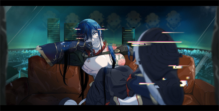 1boy bangs black_hair black_pants chair chest_tattoo chinese_clothes cityscape commentary_request fate/grand_order fate_(series) feet_out_of_frame flower_tattoo gauntlets green_eyes hair_between_eyes highres long_hair long_sleeves looking_at_viewer male_focus nagatekkou no_nipples nvy_xxx pants pixiv_id ponytail signature sitting sky smile solo tattoo teeth toned toned_male topless_male twitter_username very_long_hair white_footwear yan_qing_(fate)