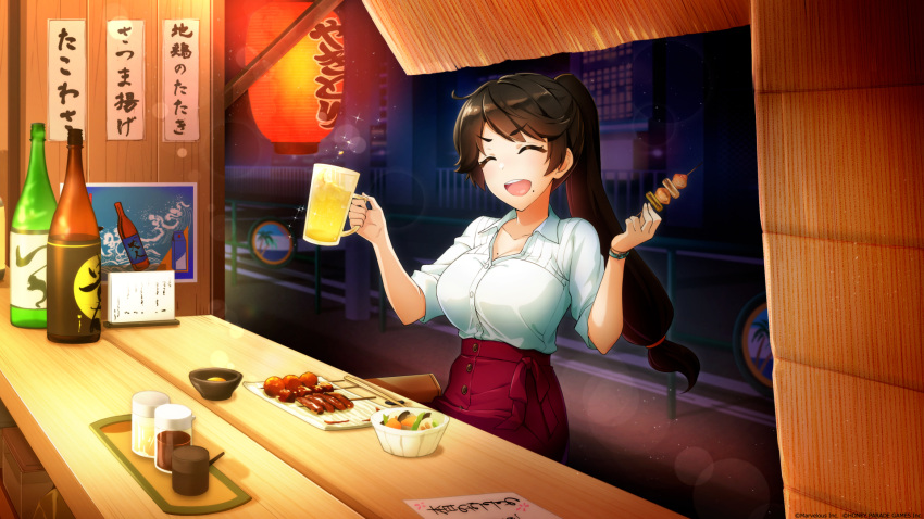 1girl ^_^ beer_mug black_hair bottle closed_eyes collared_shirt cup dolphin_wave food game_cg highres holding holding_cup holding_food lantern long_hair low-tied_long_hair mole mole_under_mouth mug official_art open_mouth ponytail red_skirt sake_bottle shirt skirt solo white_shirt yabame_yume yakitori