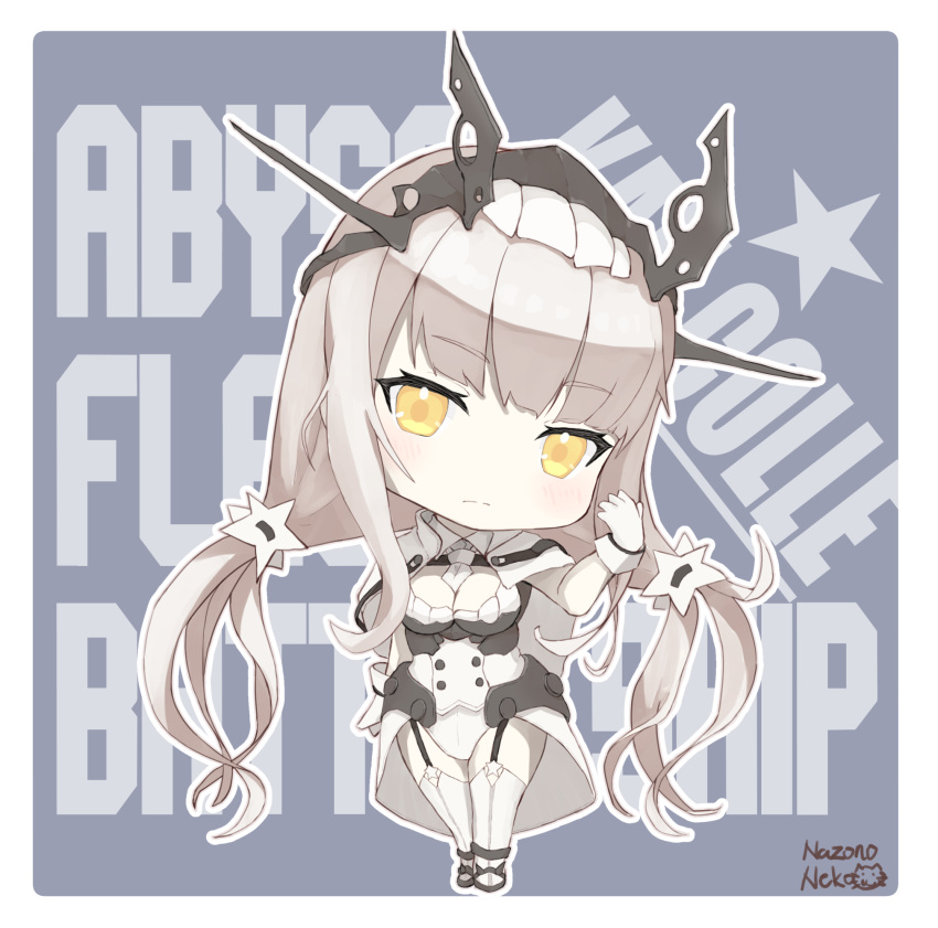 1girl abyssal_ship capelet chibi full_body garter_straps gloves headgear highres kantai_collection long_hair low_twintails modernized_battleship_princess nazono_neko pale_skin solo standing star_(symbol) thigh-highs twintails white_capelet white_gloves white_thighhighs yellow_eyes
