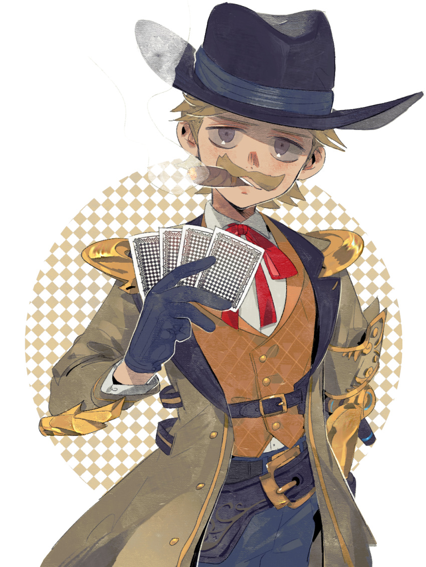 1boy argyle argyle_background belt black_gloves black_headwear brown_coat brown_hair brown_vest cassidy_(overwatch) cigar coat cowboy_shot duse_(dusezz) english_commentary facial_hair gloves gold_trim grey_eyes hat highres looking_at_viewer mouth_hold mustache overwatch red_ribbon ribbon simple_background smoking solo standing vest