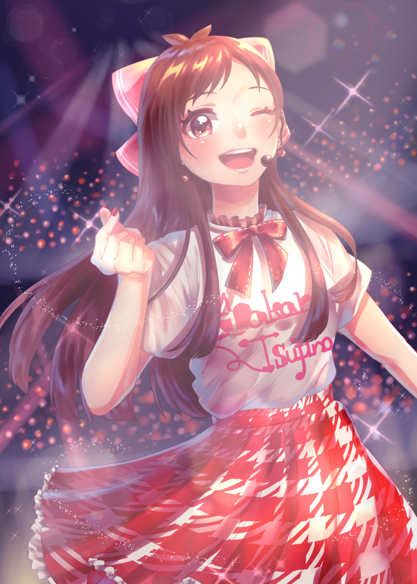 1girl 29pad_ky ;d absurdres antenna_hair apple_earrings blush breasts brown_hair character_name earrings finger_heart food-themed_earrings headset highres idol idolmaster idolmaster_cinderella_girls jewelry light_rays long_hair looking_at_viewer medium_breasts nail_polish neck_ribbon one_eye_closed plaid plaid_skirt red_eyes red_skirt ribbon round_teeth shirt shirt_tucked_in skirt smile solo stage stage_lights straight_hair teeth tsujino_akari very_long_hair white_shirt