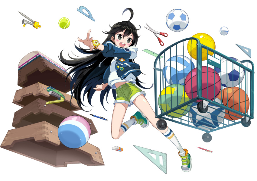 1girl :d absurdres ahoge ball baseball basketball black_eyes black_hair blue_jacket compass_(instrument) counter:side eraser full_body green_footwear green_shorts highres hood hoodie jacket jumping kneehighs letterman_jacket long_hair looking_back mechanical_pencil official_art open_hand outstretched_arm pencil protractor ruler scissors set_square shoes shorts sky_layfield smile sneakers soccer_ball socks solo stapler tachi-e teeth tennis_ball transparent_background upper_teeth vaulting_horse very_long_hair volleyball watch white_hoodie white_socks