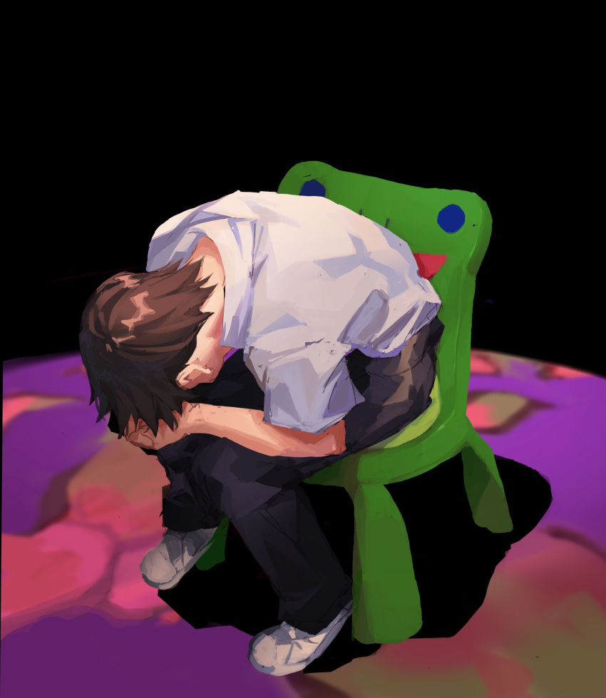 1boy animal_crossing bent_over black_background black_pants brown_hair collared_shirt froggy_chair full_body head_on_hand highres ikari_shinji leaning_forward male_focus meme neon_genesis_evangelion on_chair pants ramennamenn shinji_in_a_chair_(meme) shirt shirt_tucked_in shoes short_hair short_sleeves simple_background sitting sketch solo white_footwear white_shirt