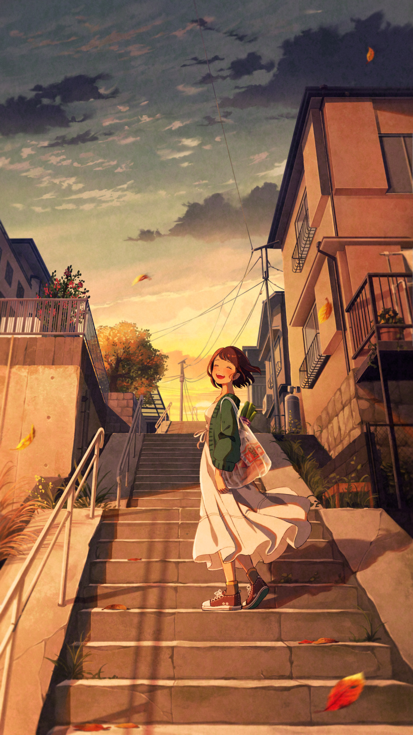 1girl :d absurdres autumn bag bangs blush brown_hair building cheeeeezi closed_eyes clouds commentary_request dress evening facing_viewer from_side green_jacket groceries highres jacket leaf long_sleeves looking_back open_mouth original outdoors power_lines red_footwear shoes shopping_bag short_hair sky smile sneakers socks solo stairs standing town tsujin_bohboh white_dress wide_shot wind