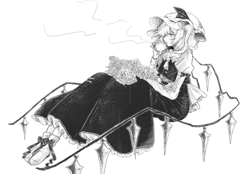 1girl cup dress flandre_scarlet fleuriste flower greyscale hat highres juliet_sleeves long_sleeves looking_away medium_hair mob_cap monochrome pointy_ears puffy_sleeves rose side_ponytail sitting solo touhou traditional_media